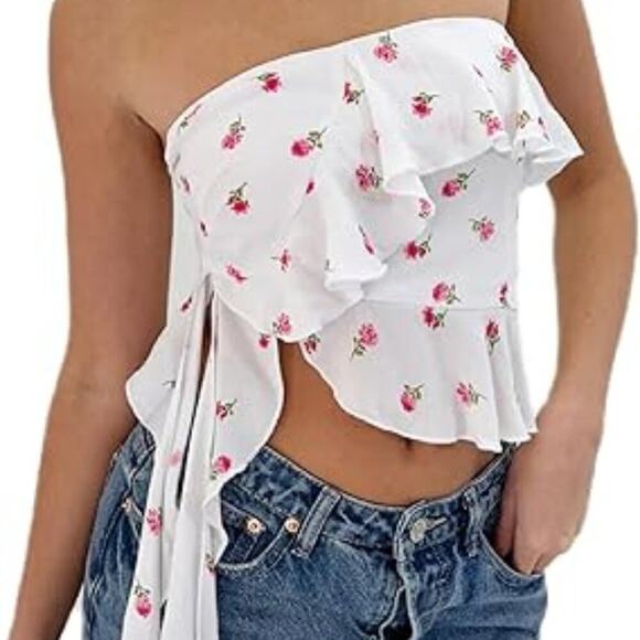 Sky to Moon Asymmetrical Ruffle Tube Top Strapless Backless Bandeau Top Size L - Picture 1 of 10